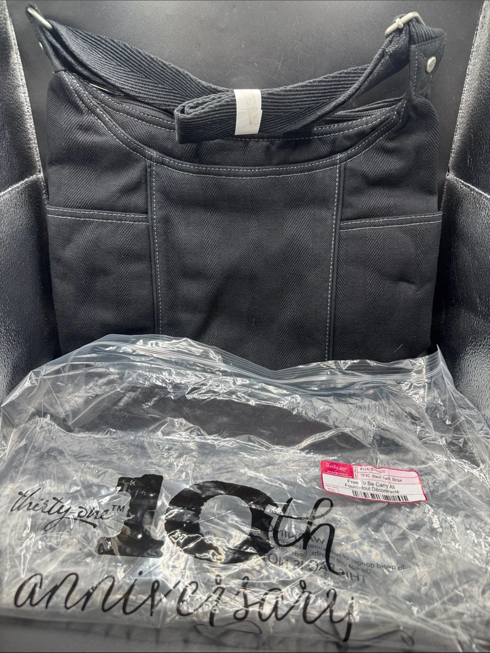 Thirty-One Black Canvas Crossbody Organizer Bag Black Twill Stripe